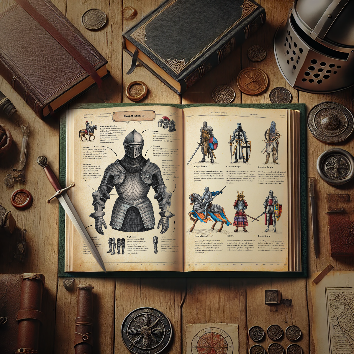 Open book about knight armor surrounded by historical items on a wooden surface