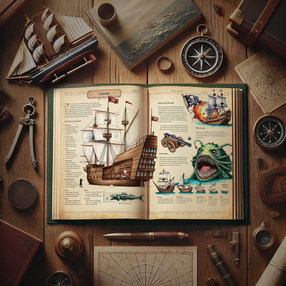 Open book on a wooden surface with ship illustrations, compasses, and nautical tools.
