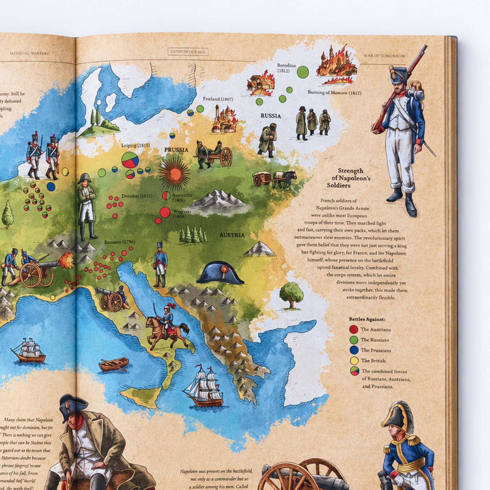 Detailed map of a historical conflict with illustrated figures and text on a book page.