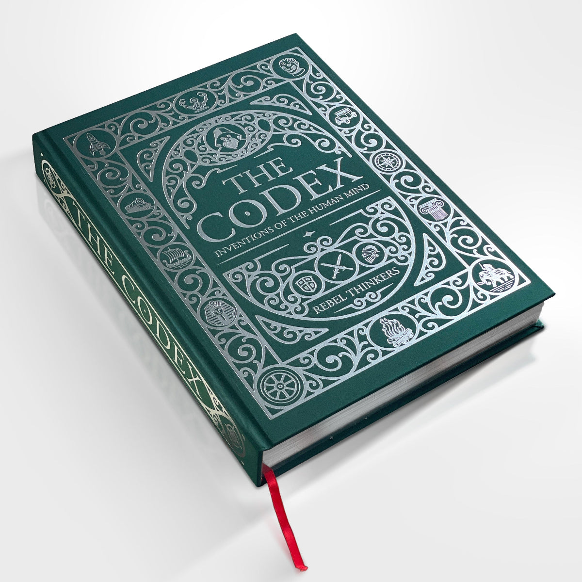 Green book titled 'The Codex' history of inventions book