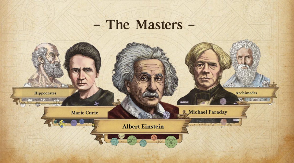 Illustrations of historical figures with text labels on a beige background