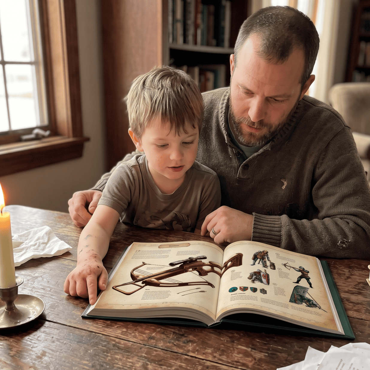 A father and young son sitting at a wooden table together reading an open illustrated history book by candlelight.