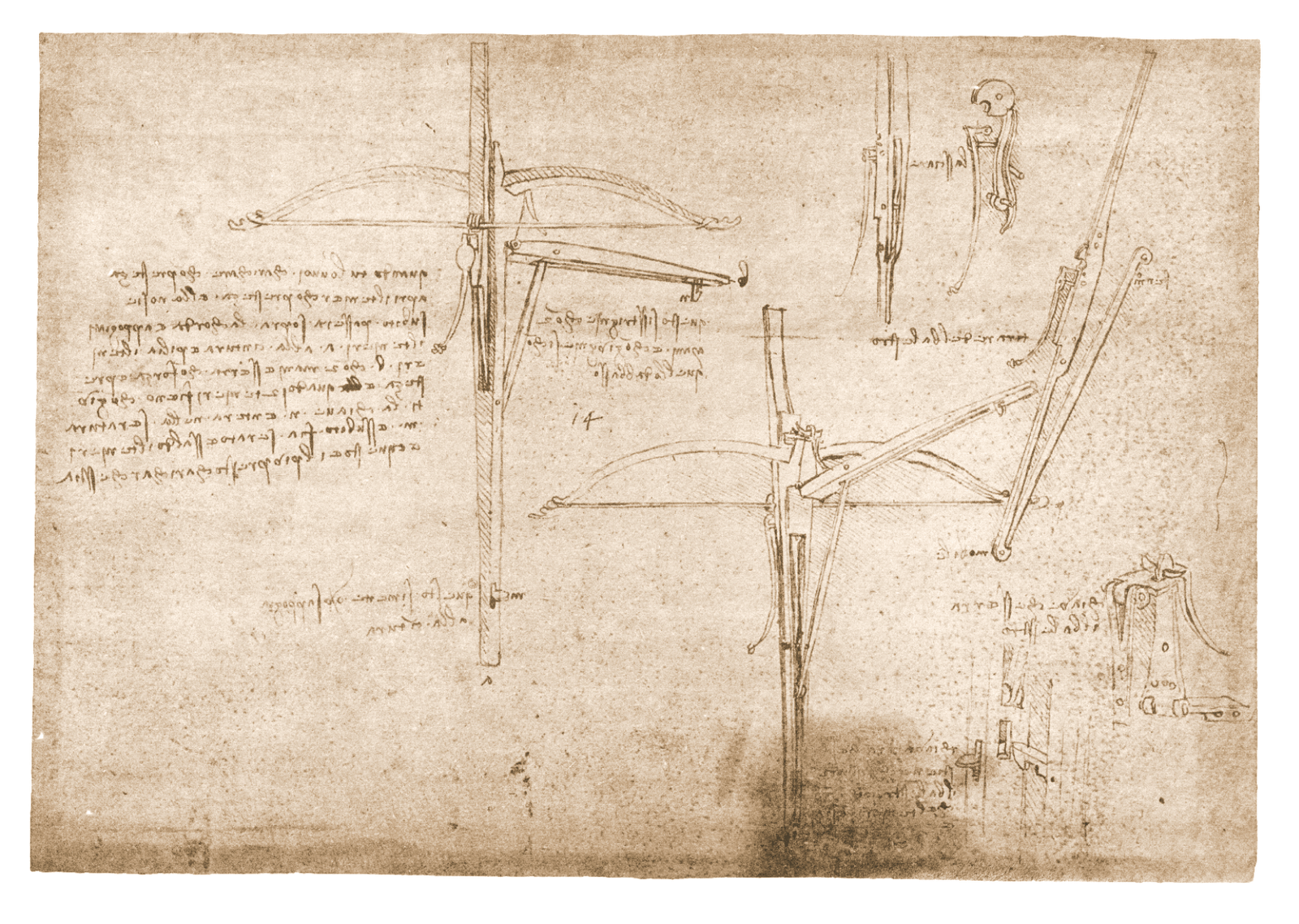Vintage manuscript page featuring technical engineering sketches and mirror writing by Leonardo da Vinci detailing giant crossbow mechanisms.
