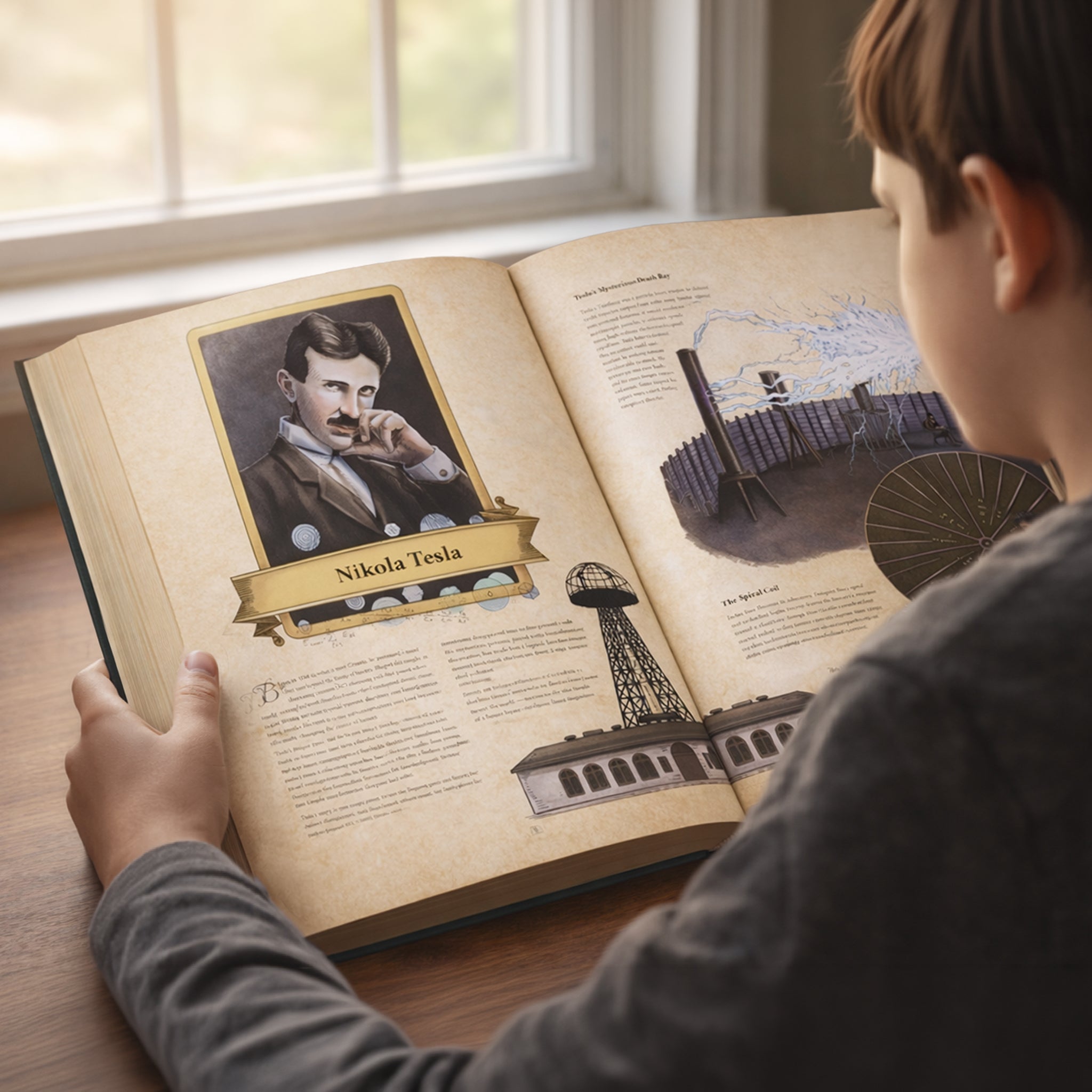 A child reading an open illustrated history book featuring a portrait of Nikola Tesla, Wardenclyffe Tower, and electricity experiments.