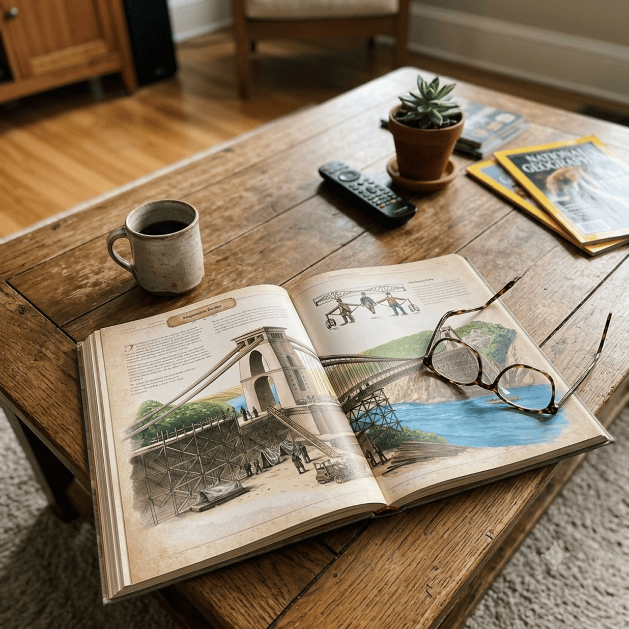 An open illustrated book resting on a rustic wooden coffee table next to reading glasses, a mug of coffee, and a small succulent.