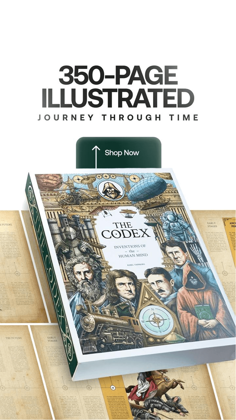 Promotional banner for The Codex: Inventions of the Human Mind, highlighting a 350-page illustrated journey through time with a Shop Now button.