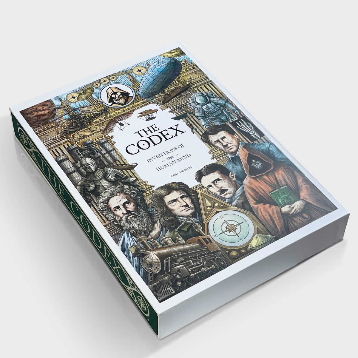 The Codex book in a decorative slipcase, illustrated encyclopedia of inventions in Da Vinci-inspired style with portraits of inventors.