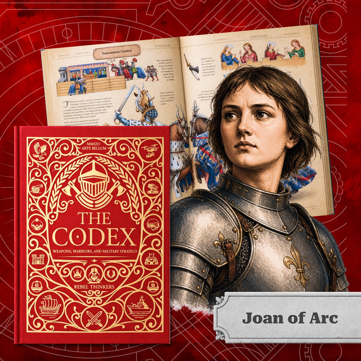 The Codex book alongside an illustrated portrait of Joan of Arc in plate armor, with an open spread on medieval knight tournaments in the background.