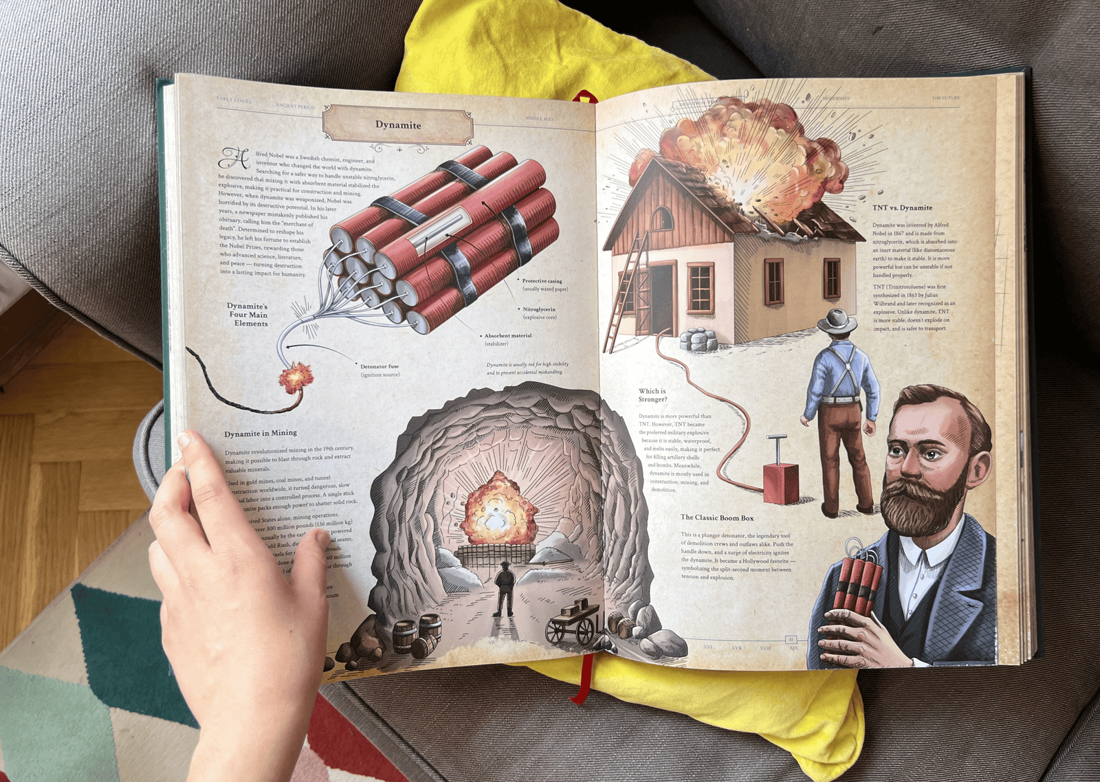 Detailed book spread from The Codex featuring illustrated diagrams of dynamite, explosions, and Alfred Nobel.