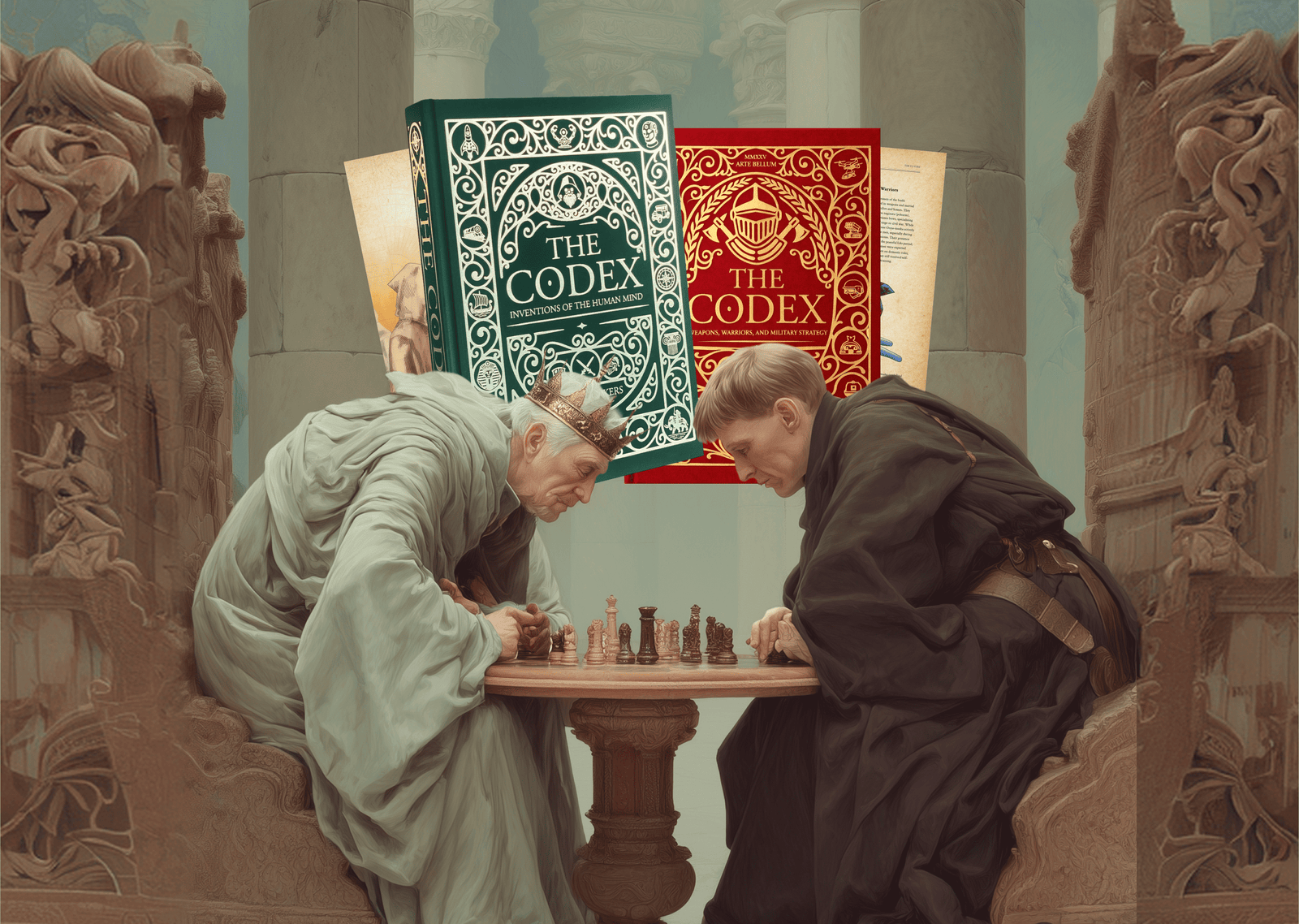 Hardcover copies of The Codex series featured above two medieval figures playing chess in a stone courtyard.