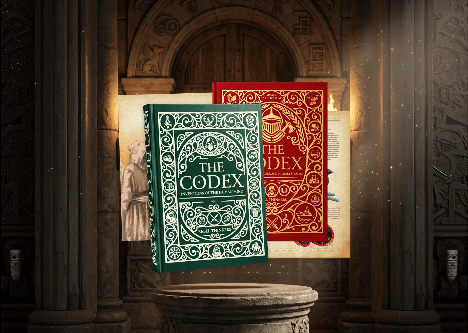 Green and red editions of The Codex book series by Rebel Thinkers displayed in a medieval stone archway online store hero image.