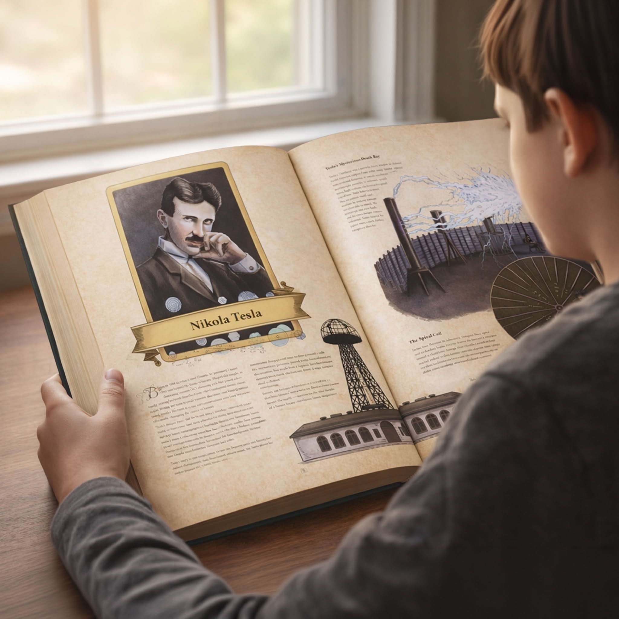 Child reading The Codex: Inventions of the Human Mind illustrated hardcover book with a Nikola Tesla spread about electrical inventions and engineering history