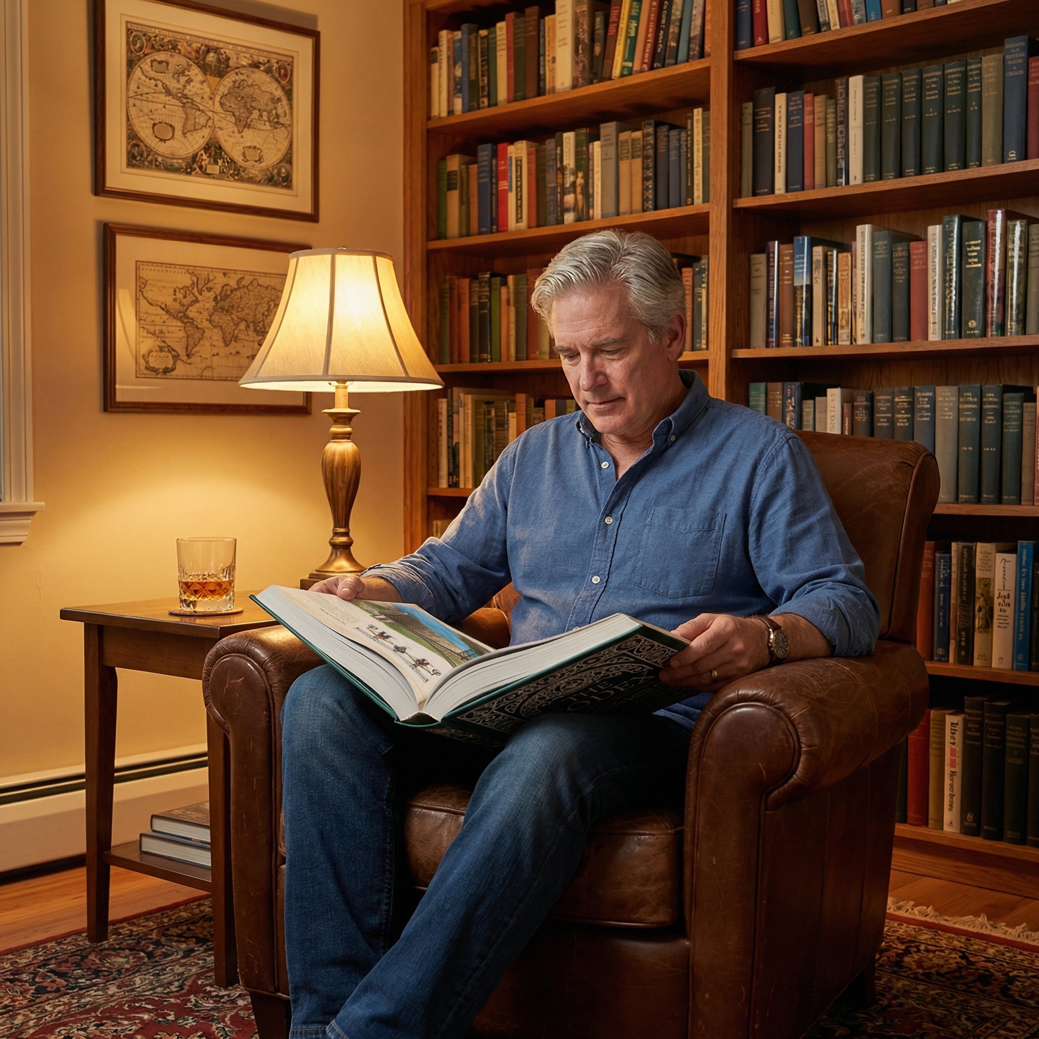 Man reading The Codex: Inventions of the Human Mind premium hardcover coffee table book in a cozy home library with bookshelves