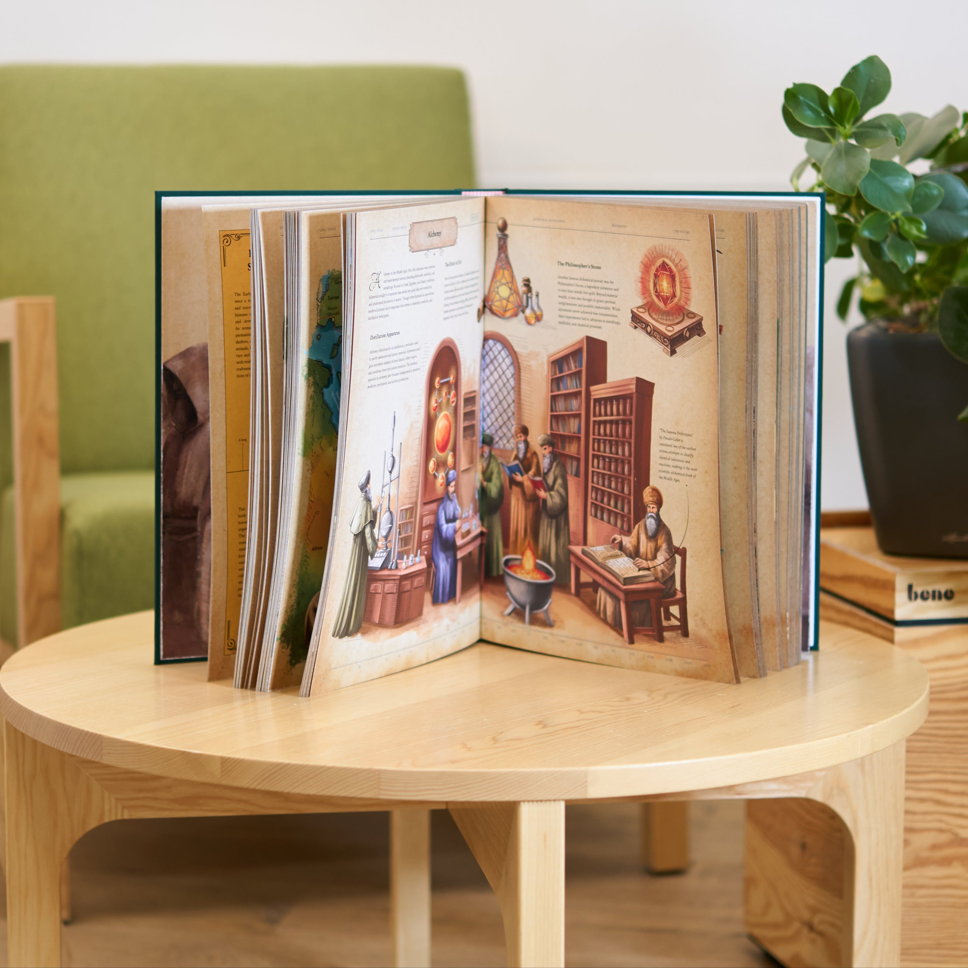 The Codex open on a coffee table book section, showing illustrated pages of scientific inventions and medieval scholars, displayed as a coffee table book.