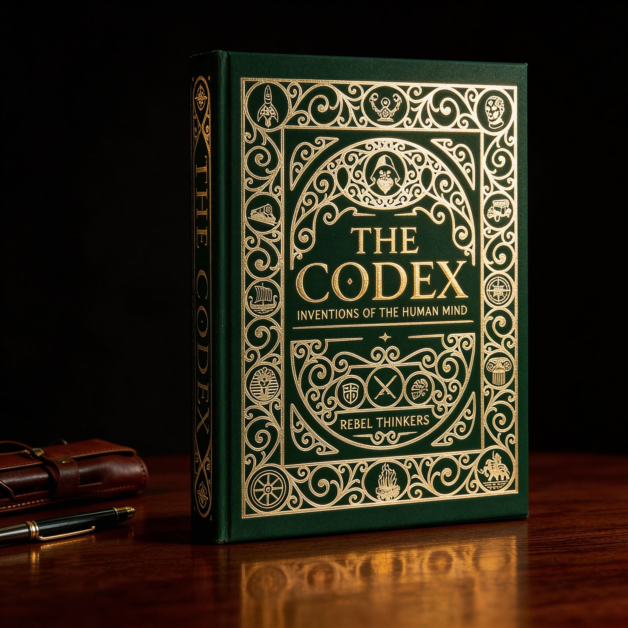 Decorative book titled 'The Codex' with intricate gold designs on a dark background