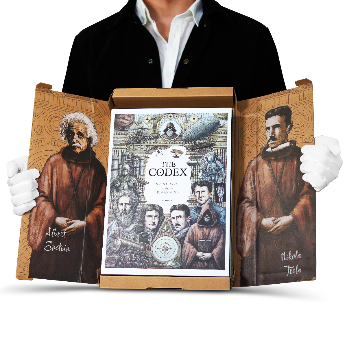 Unboxing The Codex, an illustrated encyclopedia of inventions, with slipcase artwork featuring Albert Einstein and Nikola Tesla.