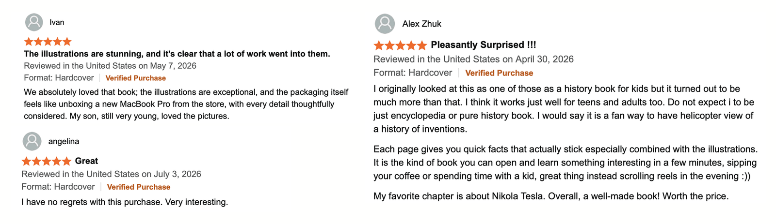 Verified 5-star customer reviews praising a hardcover history book for its stunning illustrations, engaging facts about inventions, and high-quality packaging.