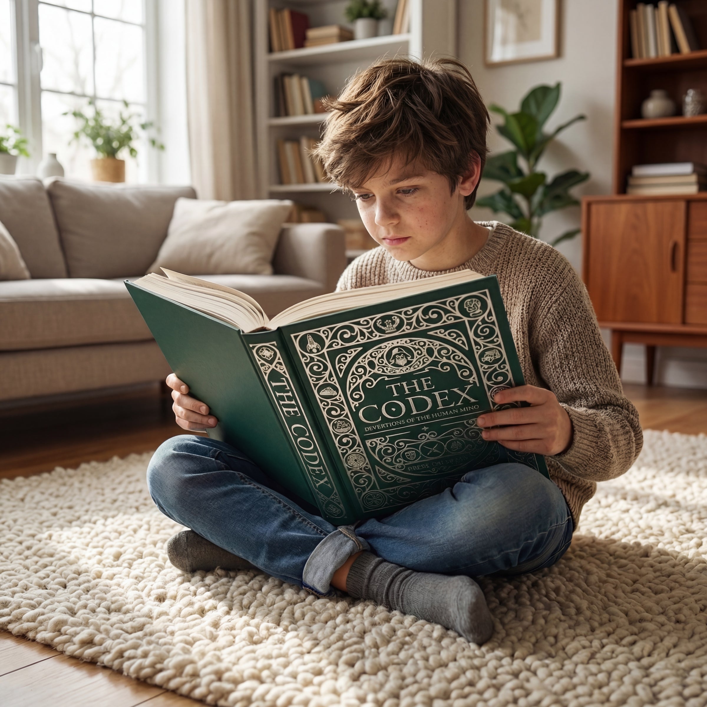 Child holding open a large green copy of The Codex: Inventions of the Human Mind in a bright living room.