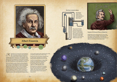 The Codex of Inventions - book with Albert Einstein with a diagram and celestial body illustration on a textured background. 