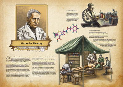 Illustration of Alexander Fleming with a medical scene and molecular structure. Book about this.