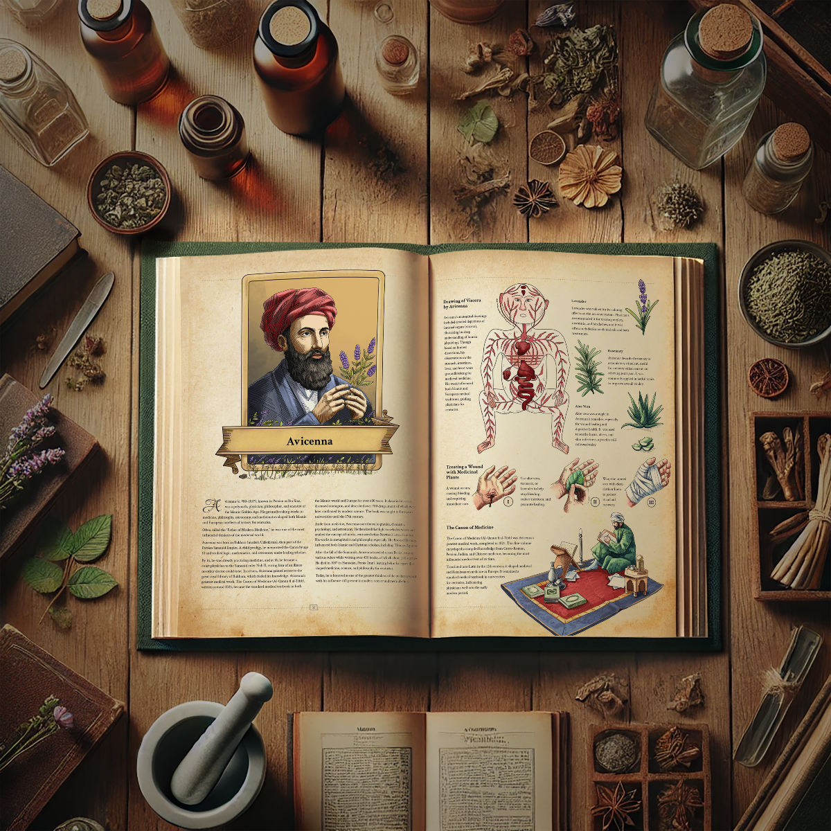 Open book about Avicenna on the coffee table. Art book. Innovations and history.