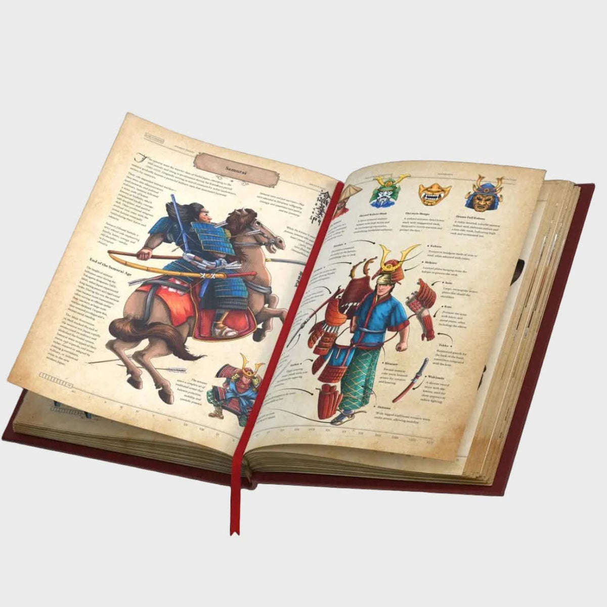 Open book with illustrations of samurai on a white background