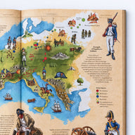 Detailed map of a historical conflict with illustrated figures and text on a book page.
