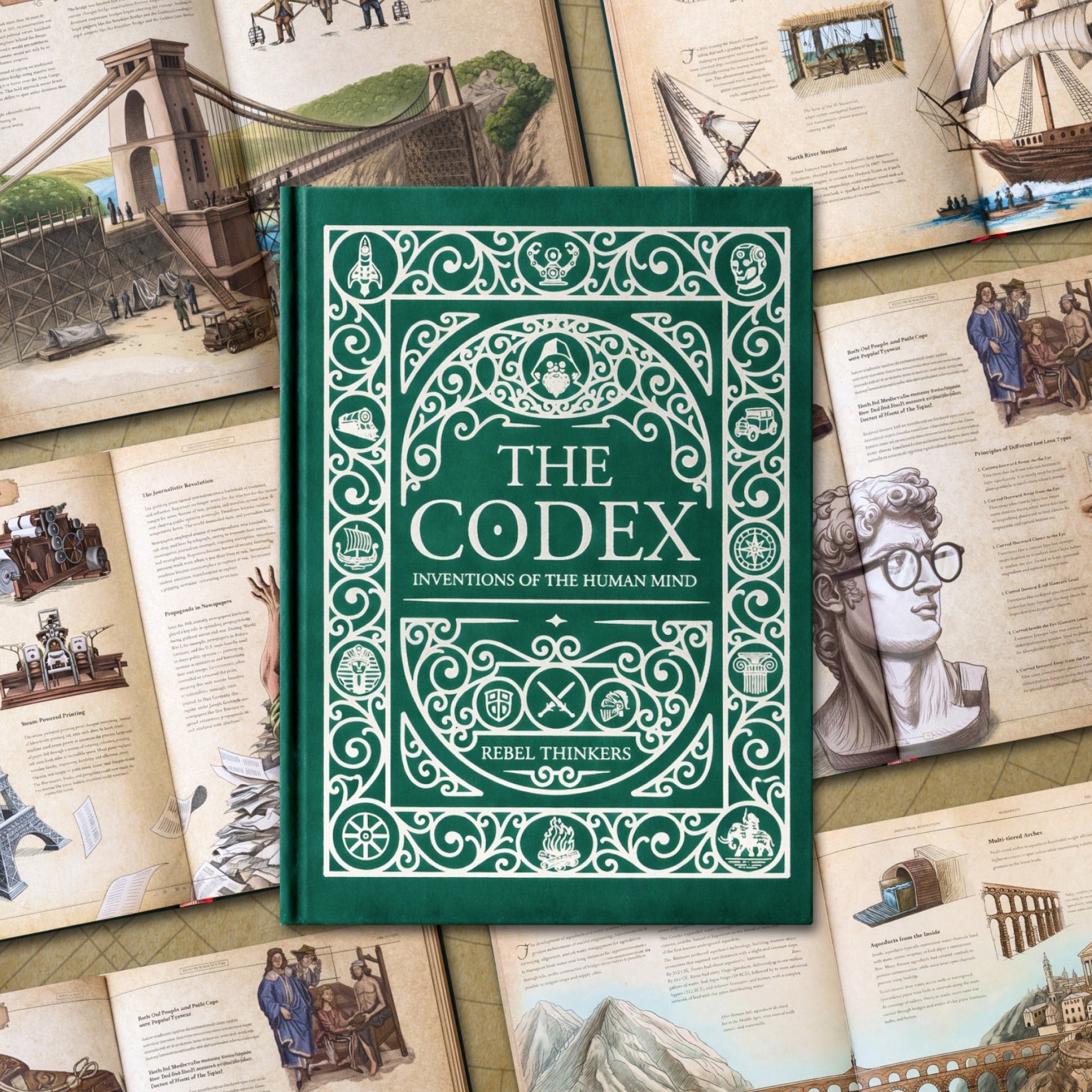 Book titled 'The Codex' surrounded by open pages with illustrations on a wooden surface