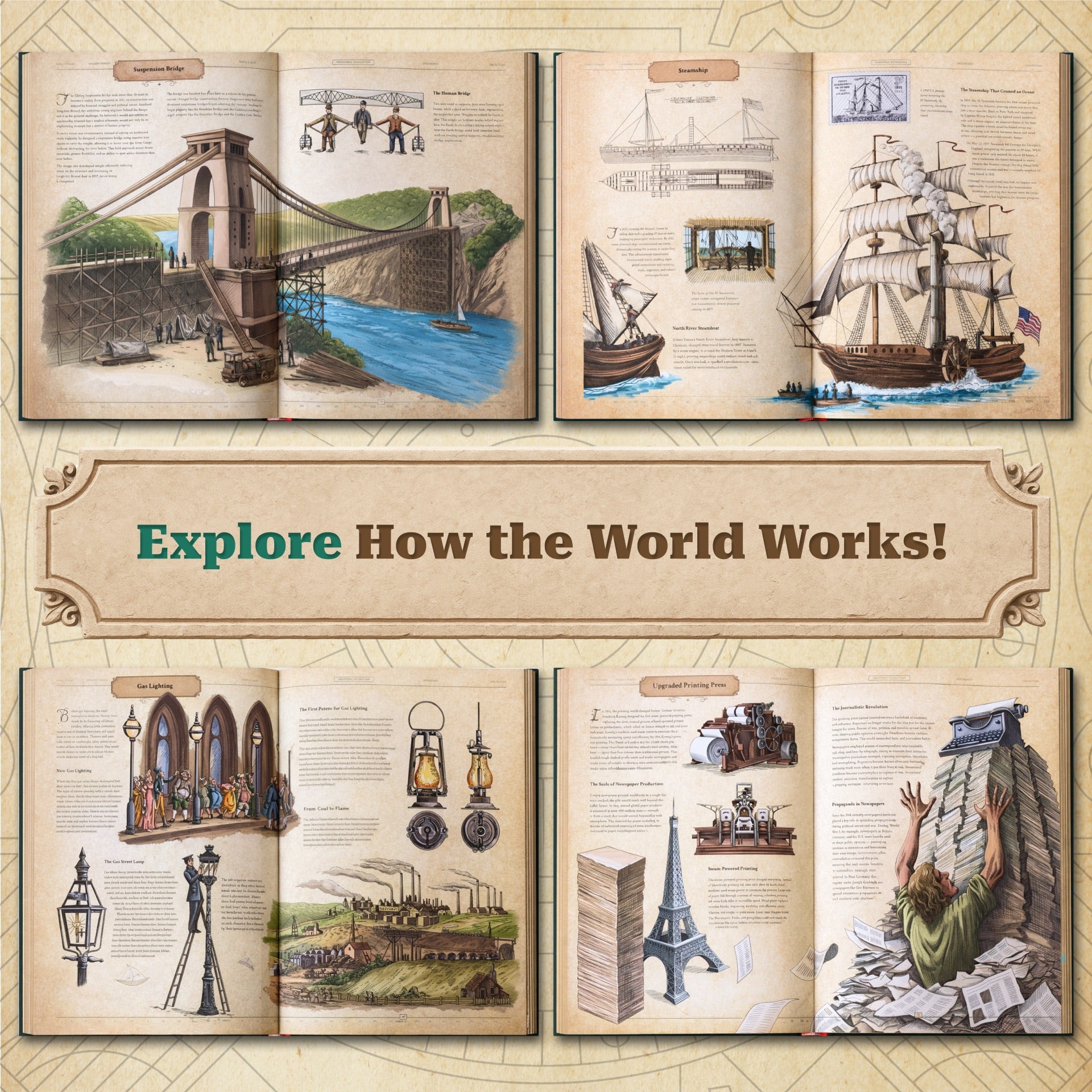 Educational book open to pages with illustrations of a bridge, ship, street lamps, and other world landmarks.