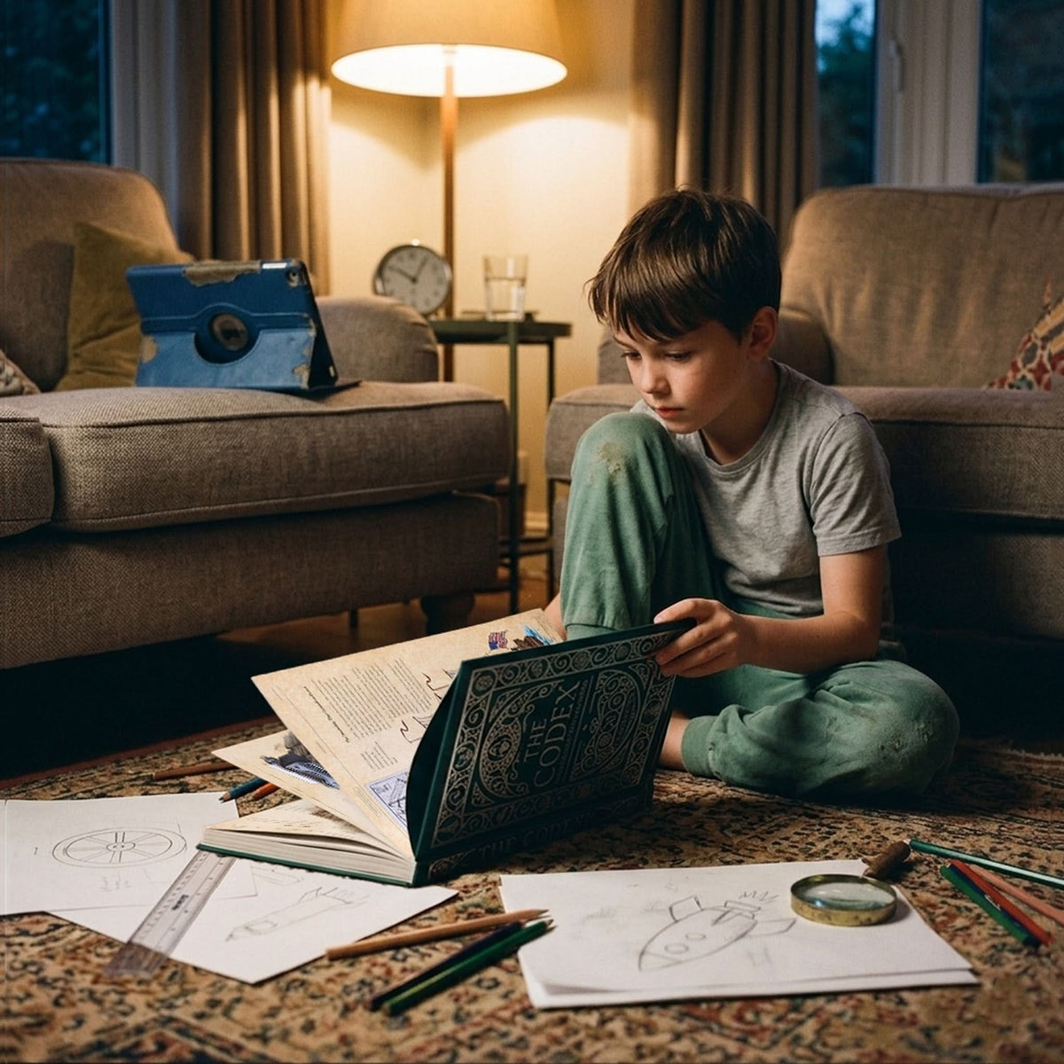 Child reading The Codex: Inventions of the Human Mind premium illustrated hardcover book in a cozy living room