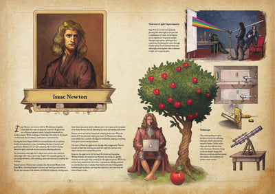 Book with illustration of Isaac Newton with a tree of apples and scientific instruments. Real book for history and art lovers. 