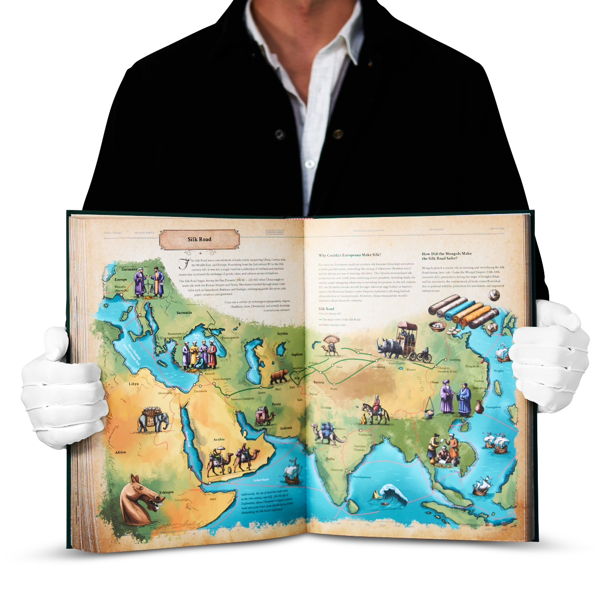 Person holding an open book with a colorful world map illustration.