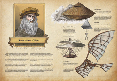 Leonardo da Vinci with his flying machine designs, illustrated art book. Collectors book. 