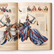 Open book with illustrations of knights in armor and text on a white background