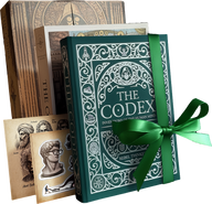 Decorative book titled 'The Codex' with a green ribbon on a white background