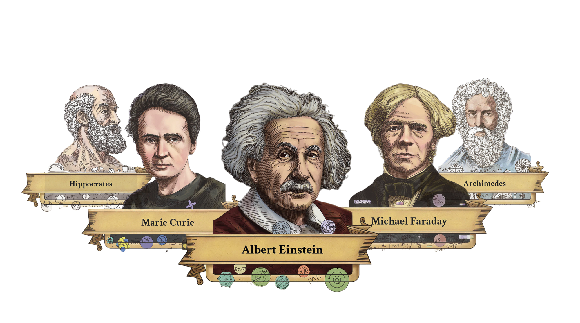 Book about inventors and illustration of historical figures including Albert Einstein, Marie Curie. 