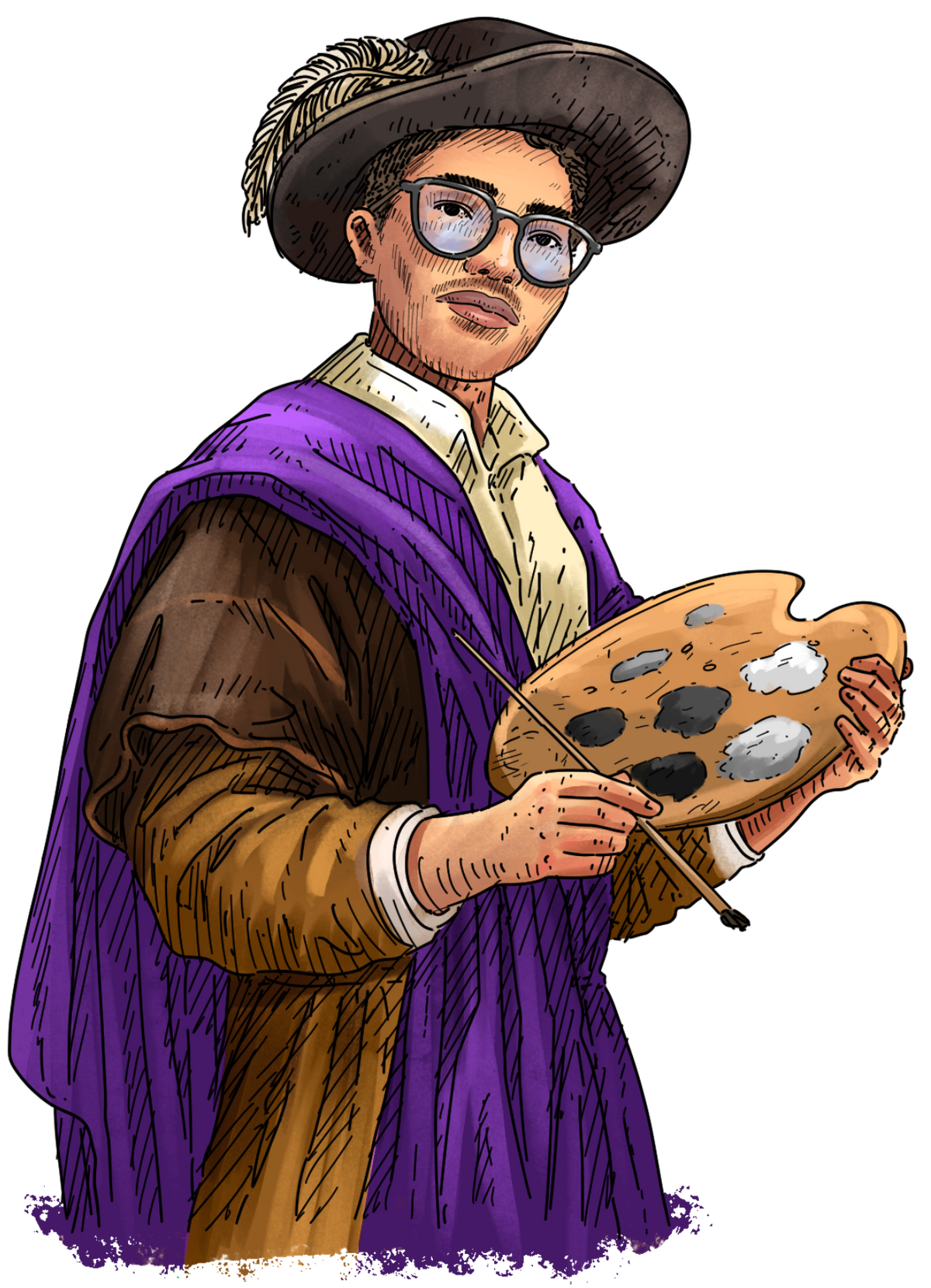 A small illustrated figure of a man wearing glasses, a brown jacket, and a purple cloak, holding a paint palette, set against a solid black background.