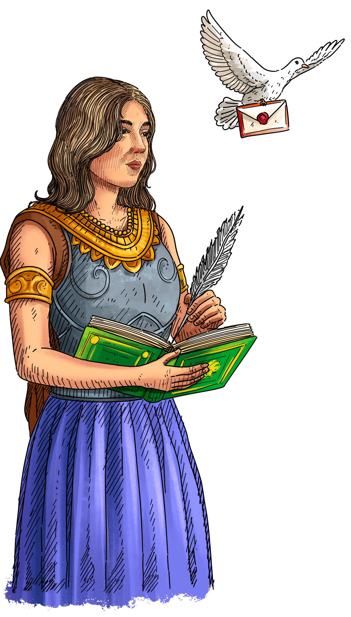 A small illustrated woman in a blue dress holding a green book and quill, with a white dove carrying a red envelope flying above, set against a plain white background.