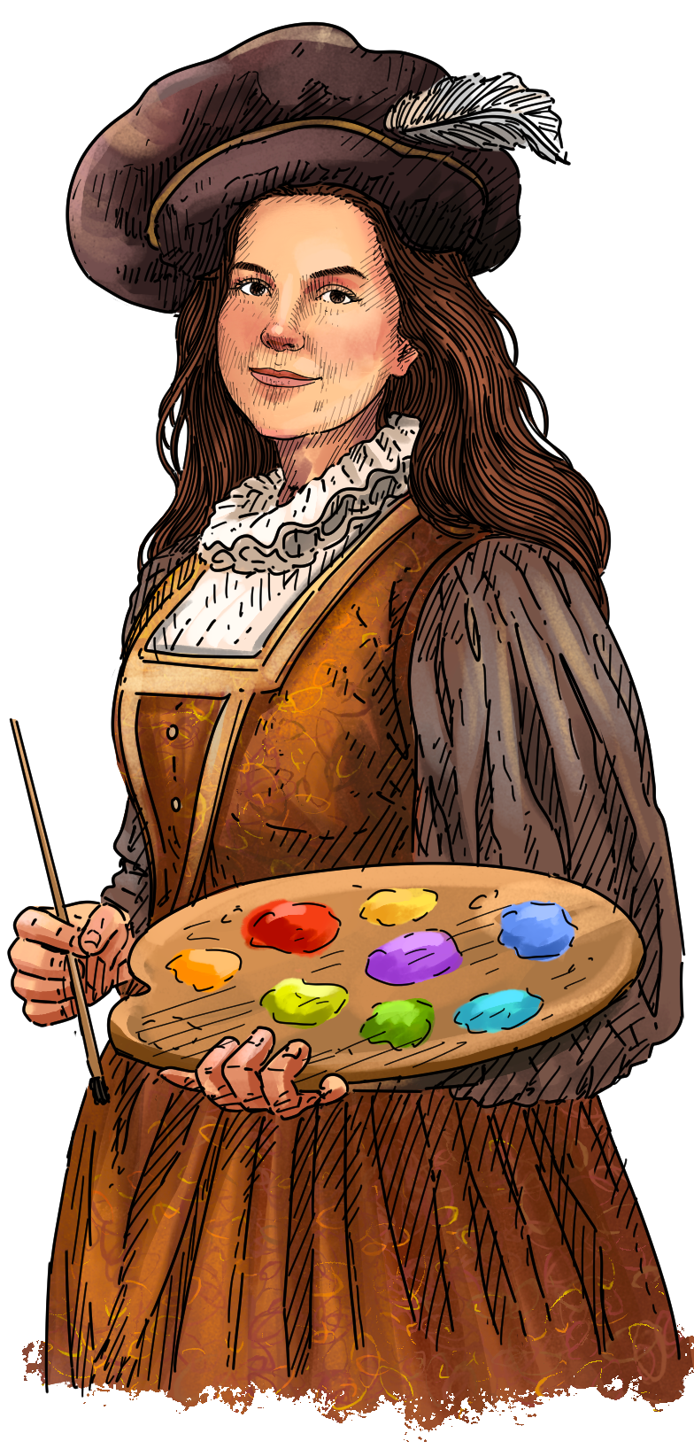 A small illustrated figure of a woman in historical clothing holding a paint palette, centered on a plain white background.