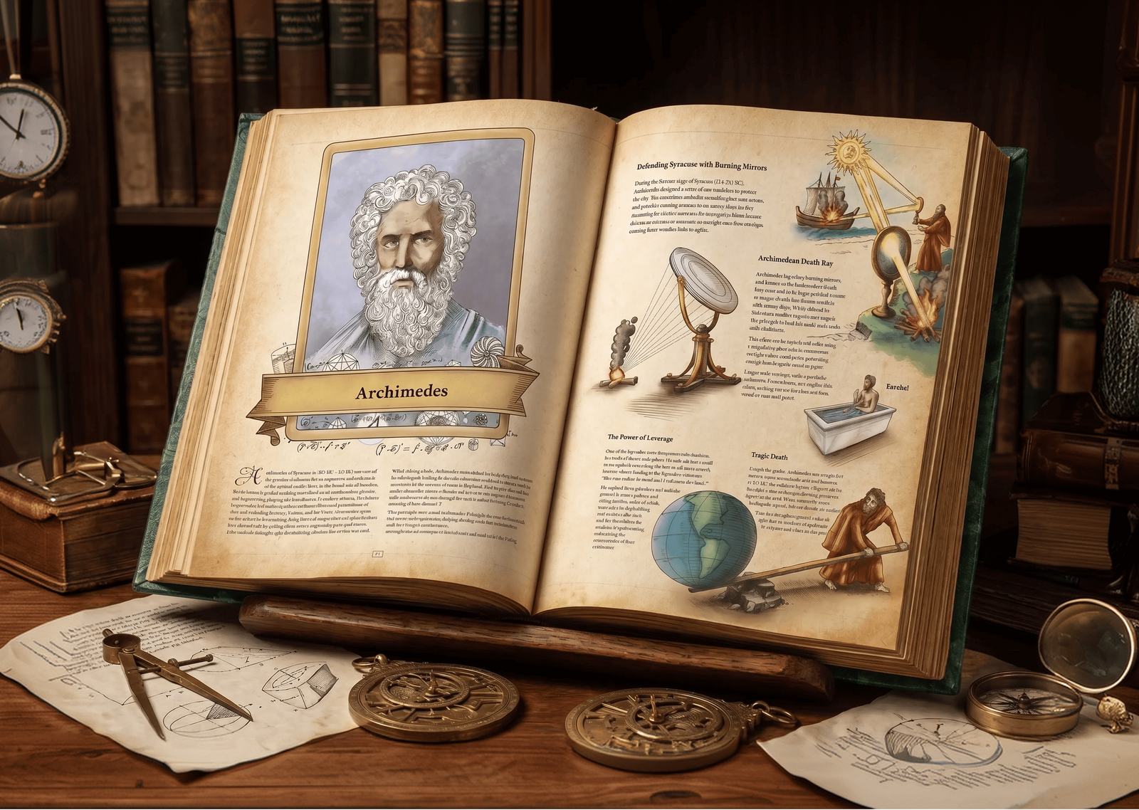 An open history book spread detailing Archimedes and his inventions, including the heat ray mirrors, leverage principle, and bathtub discovery.