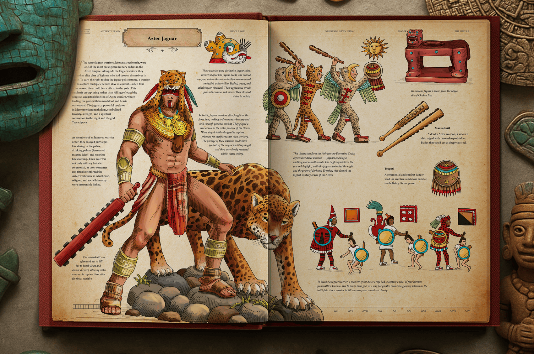 An open book page spread featuring illustrations of an Aztec jaguar warrior, macuahuitl weapons, and ancient Mesoamerican codex art.