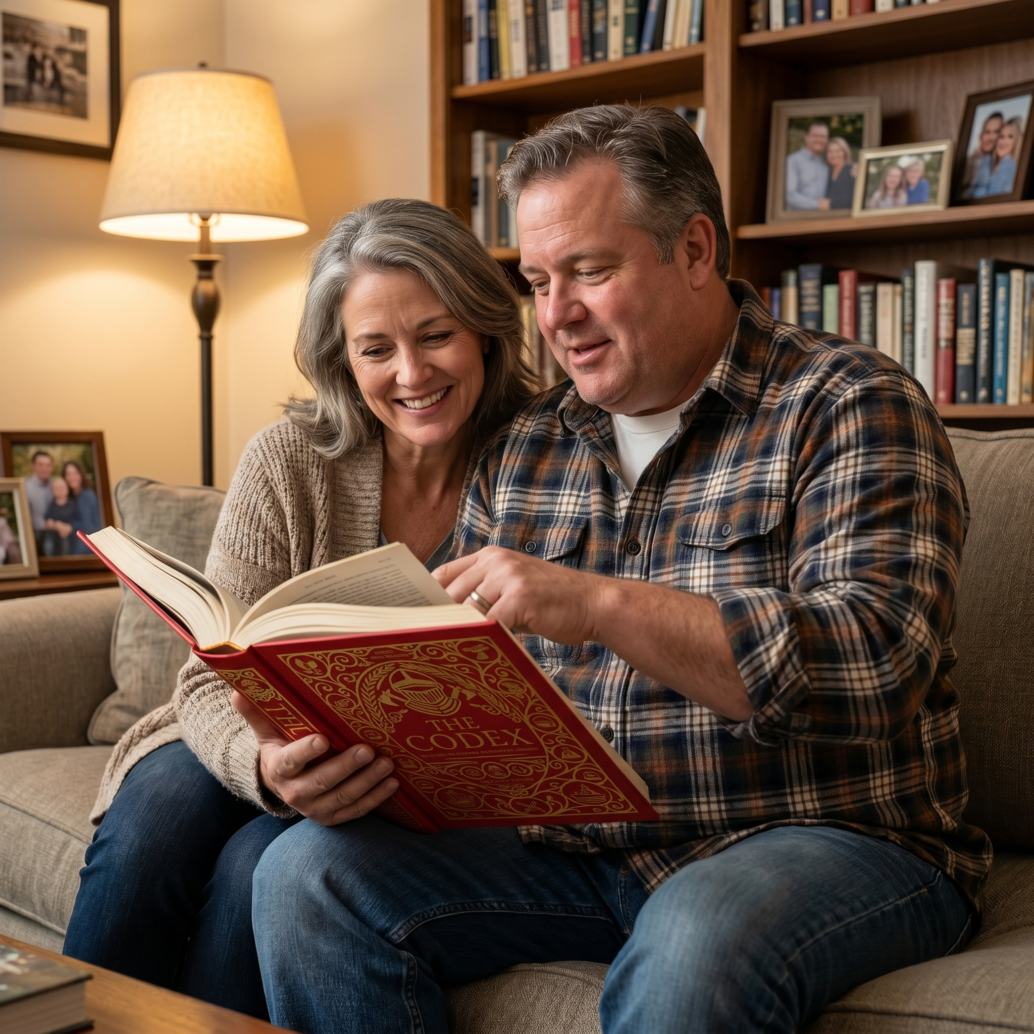 Man and woman sitting side by side in a cozy living room, enjoying the red gold-embossed edition of The Codex