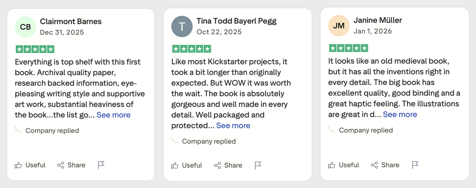 Three customer review cards with 5-star ratings praising the book's print quality, archival paper, binding, and illustrations.