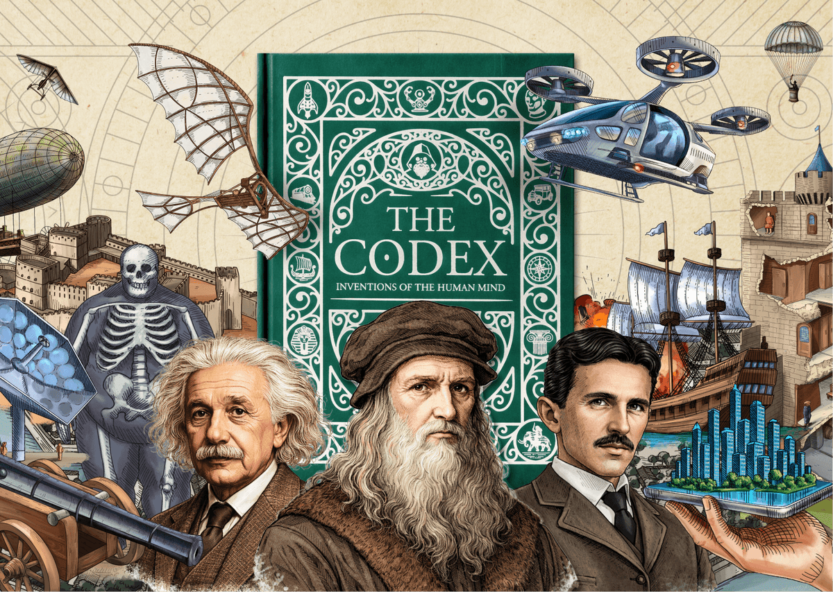 An elaborate illustration featuring The Codex: Inventions of the Human Mind book surrounded by portraits of Albert Einstein, Leonardo da Vinci, Nikola Tesla, and various historical and futuristic flying machines.