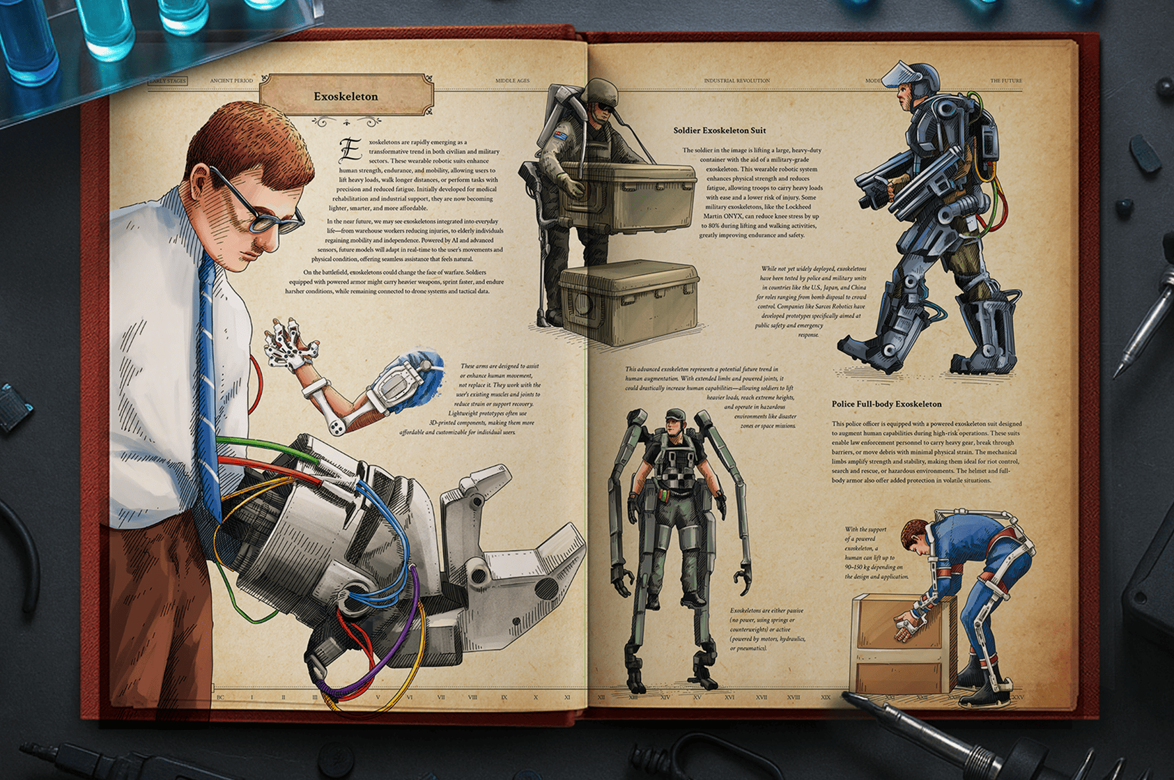 An open book page spread displaying detailed illustrations and text about robotic exoskeletons and prosthetics.