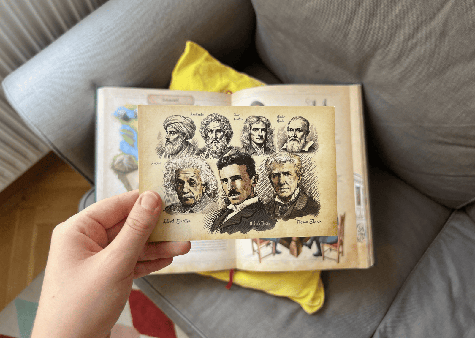 Handheld art print card featuring portraits of Archimedes, Newton, Galileo, Einstein, Tesla, and Edison.