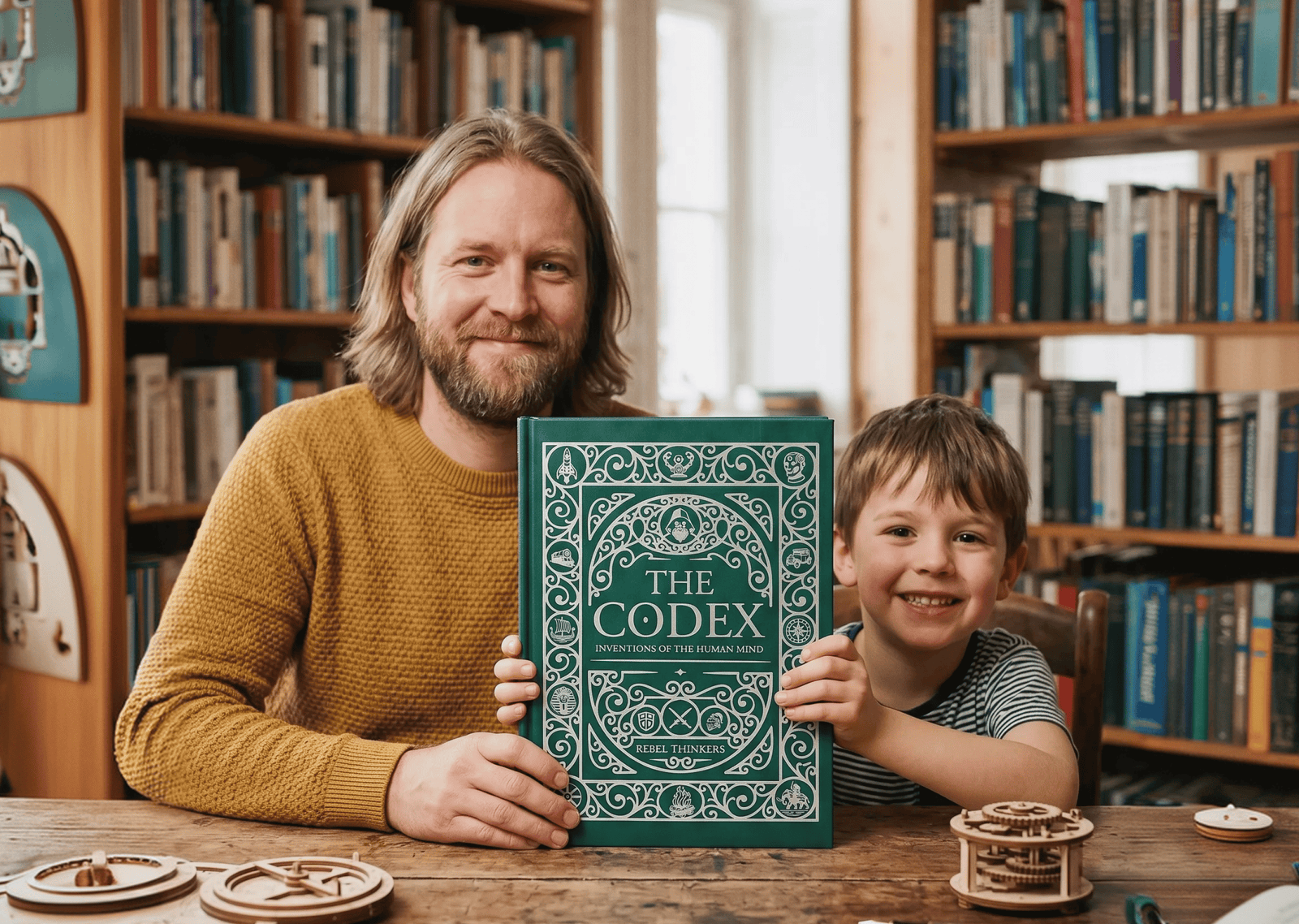 Smiling father and young son holding up the green hardcover book The Codex Inventions of the Human Mind in a home library.