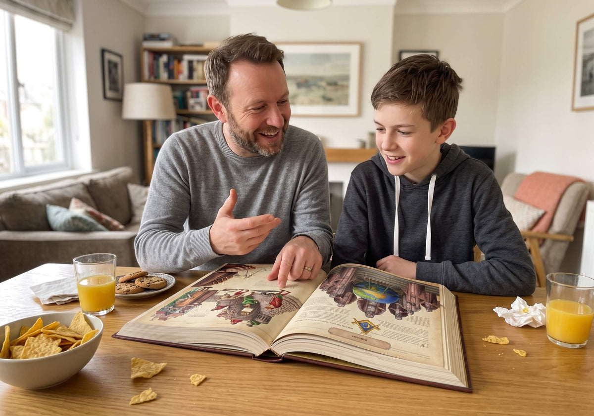 A cheerful father and son are sitting at a dining table, engrossed in reading a very large, old, open book filled with medieval-style illustrations about the history of architecture and Freemasonry.
