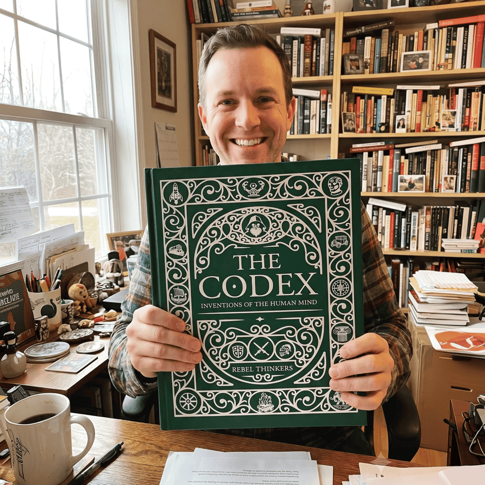 A smiling man sitting in his library holding up the green cover of The Codex Inventions of the Human Mind.