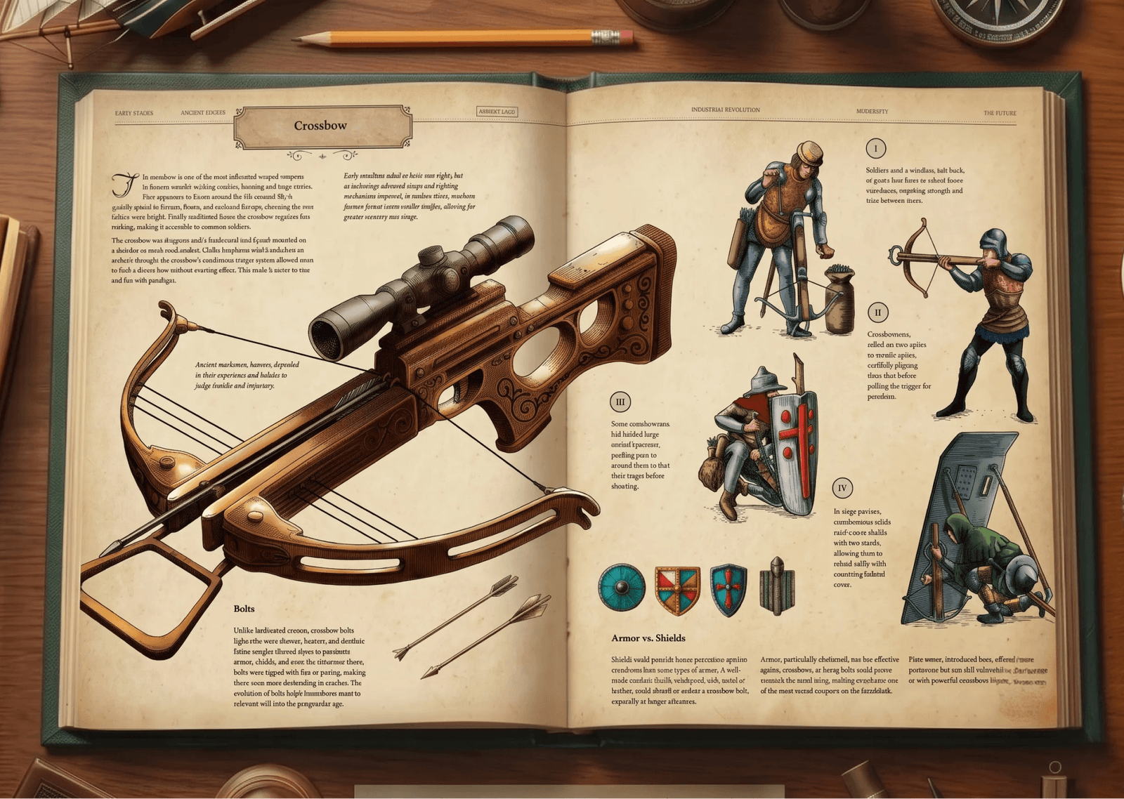 An open illustrated encyclopedia page showing detailed diagrams of crossbow mechanisms, bolts, and medieval soldiers utilizing armor and shields.